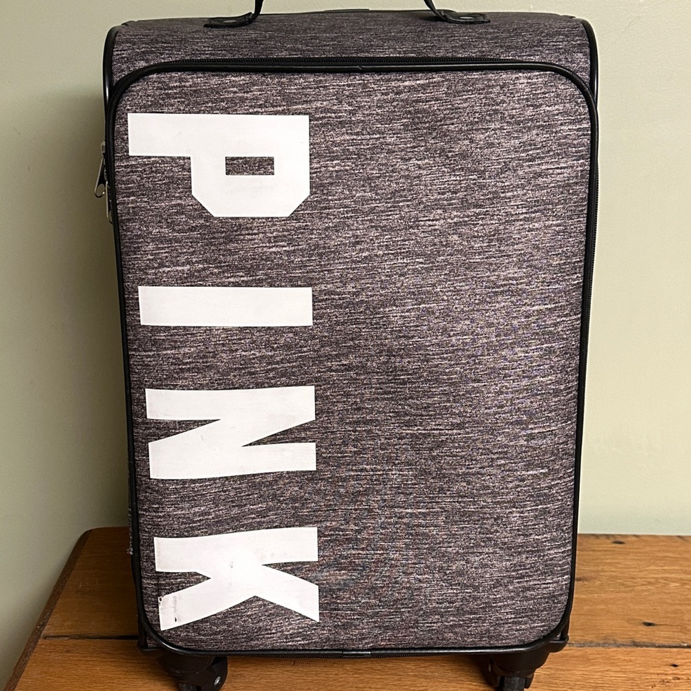 Victoria’s Secret PINK Wheelie Carry On Luggage Suitcase Marled Grey Big Logo